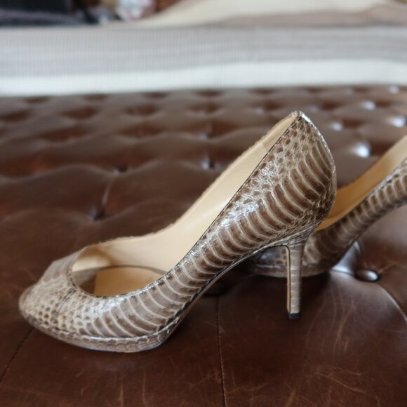 $895 Jimmy Choo peep toe platform snakeskin pumps in grey/green 36 1/2 ITALY - Picture 2 of 15